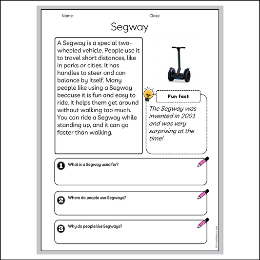 Segway | Reading Passage Comprehension Questions Writing Facts Worksheet