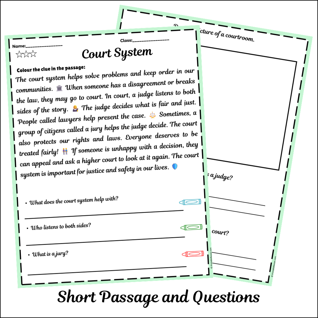 Court System | Short Reading Comprehension Creative Worksheet