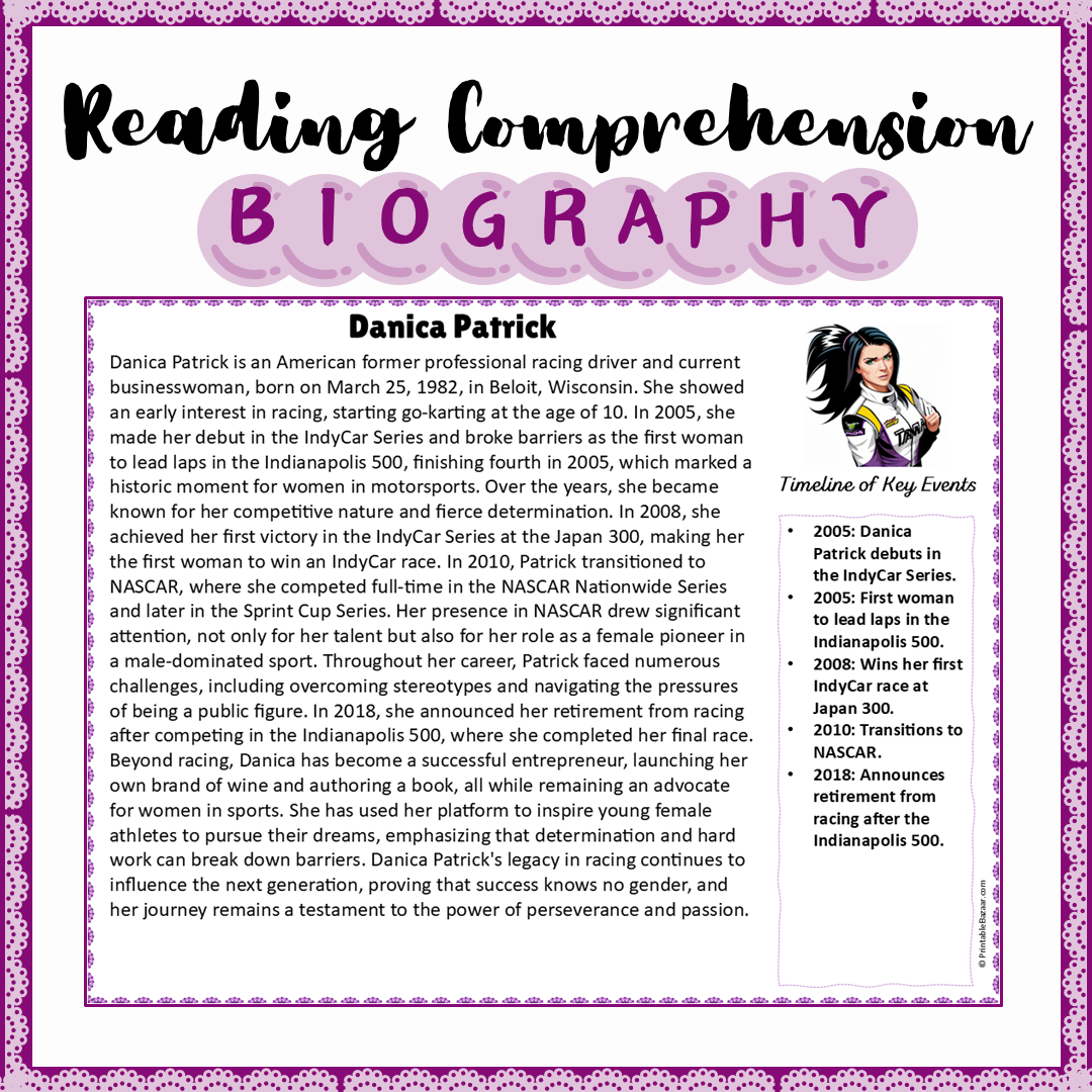 Danica Patrick | Biography Reading Comprehension and Questions Worksheet