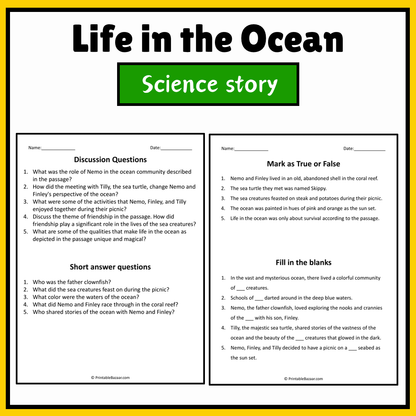 Life in the Ocean | Science Story Reading Comprehension Activity