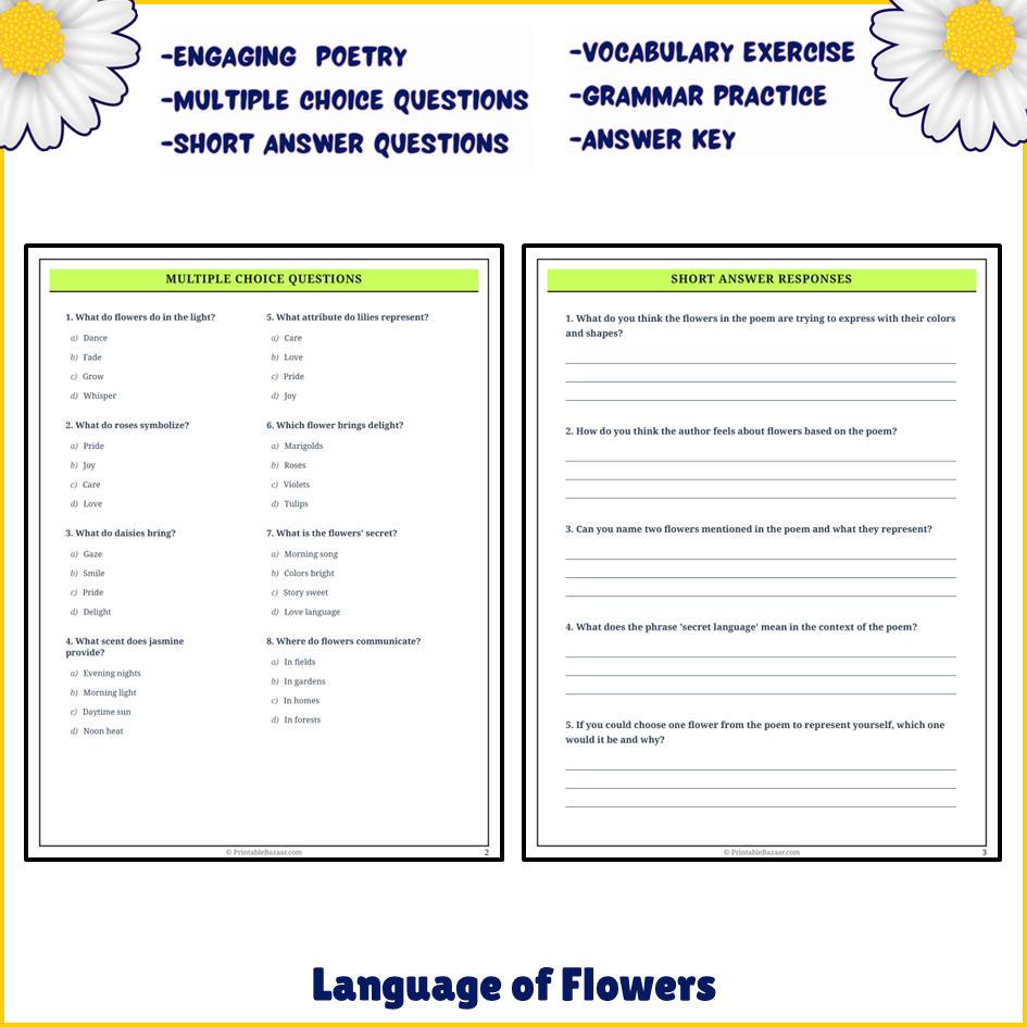 Language of Flowers | Poem Grammar Worksheet Printable Activity