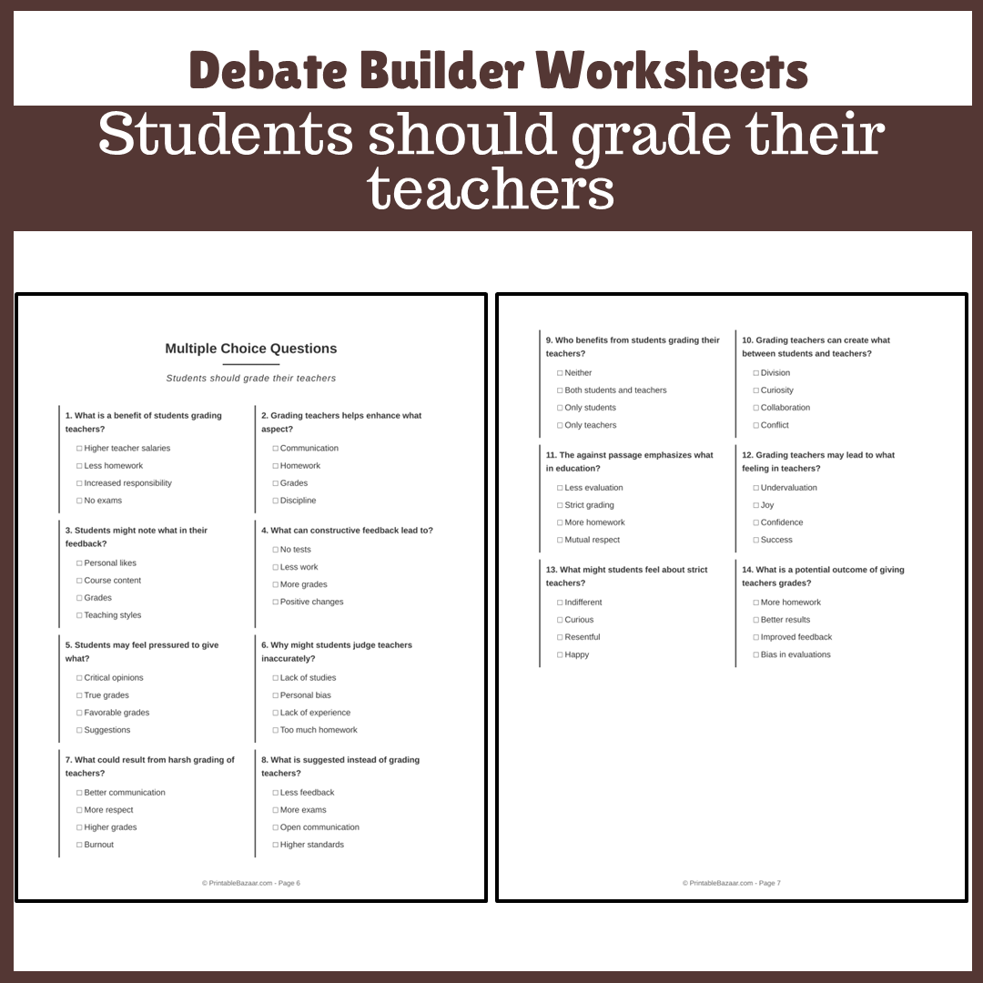 Students should grade their teachers | Favour and Against Worksheet Printable Activity