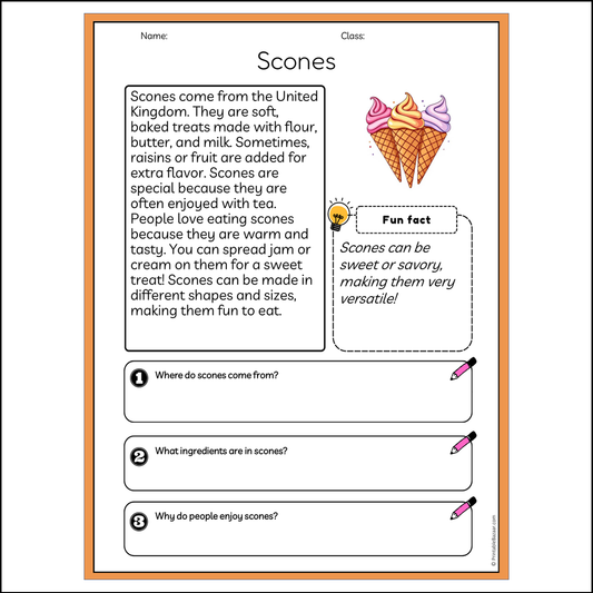 Scones | Reading Passage Comprehension Questions Writing Facts Worksheet