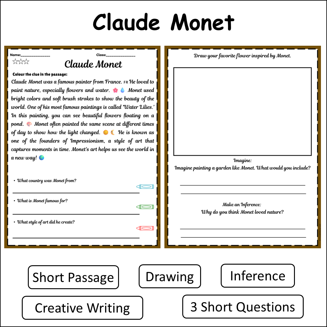 Claude Monet | Short Reading Comprehension Creative Worksheet