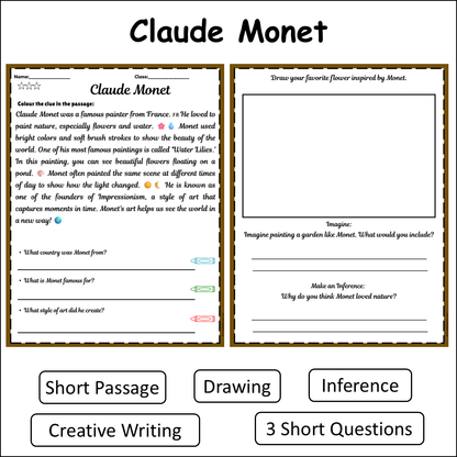 Claude Monet | Short Reading Comprehension Creative Worksheet