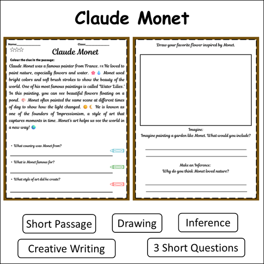 Claude Monet | Short Reading Comprehension Creative Worksheet