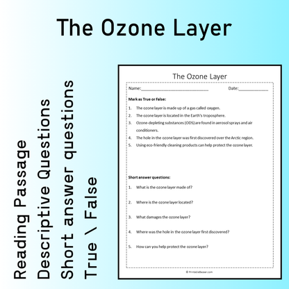 The Ozone Layer | Reading Comprehension Passage Printable Worksheet