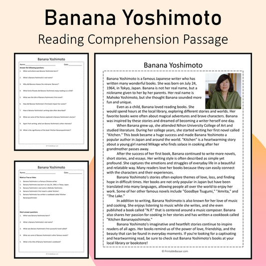 Banana Yoshimoto | Reading Comprehension Passage Printable Activity