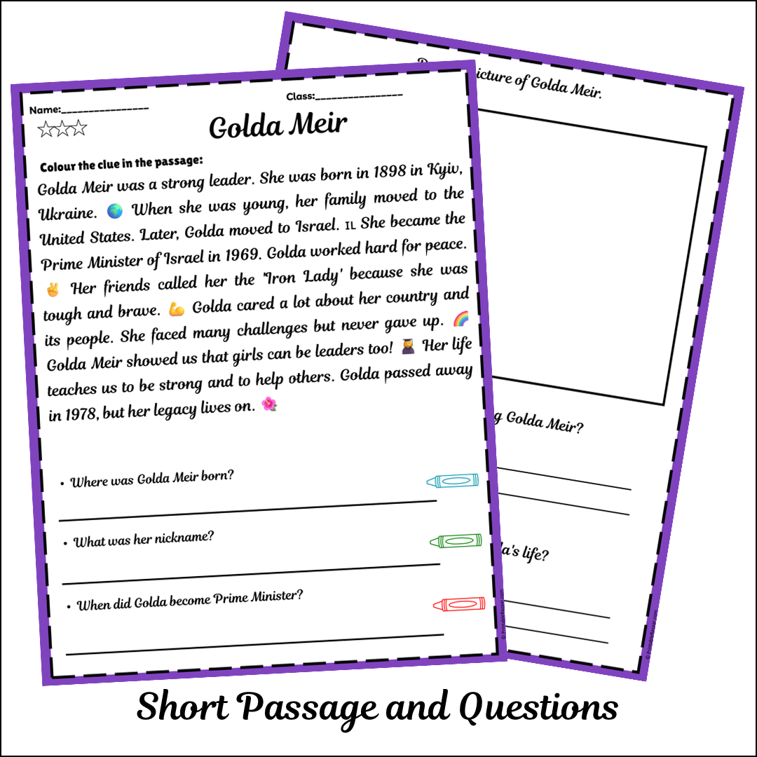 Golda Meir | Short Reading Comprehension Creative Worksheet