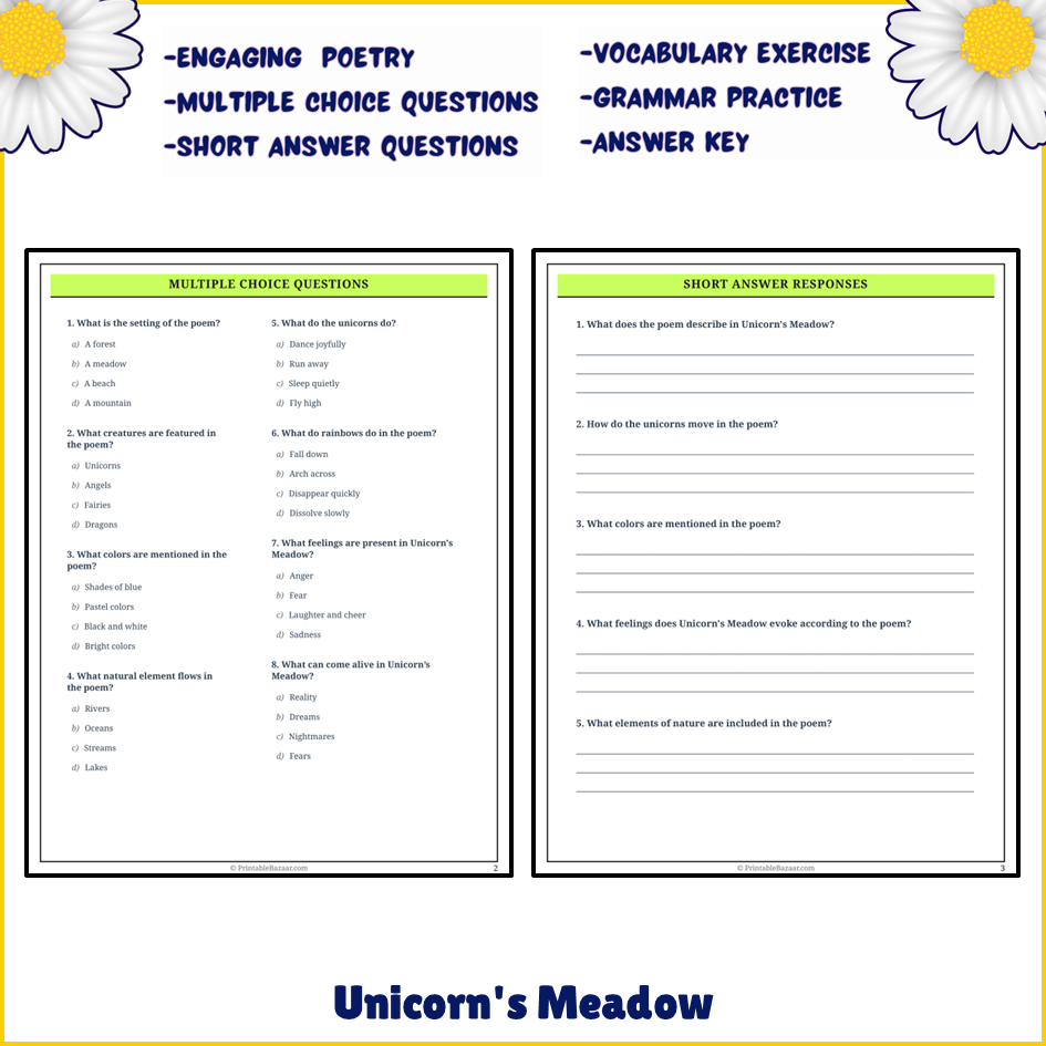 Unicorn's Meadow | Poem Grammar Worksheet Printable Activity