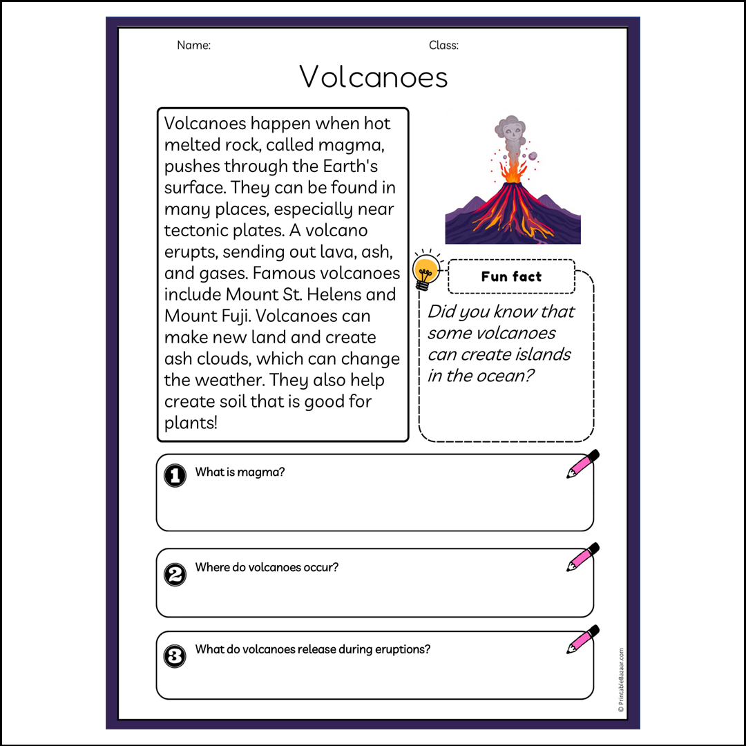 Volcanoes | Reading Passage Comprehension Questions Writing Facts Worksheet