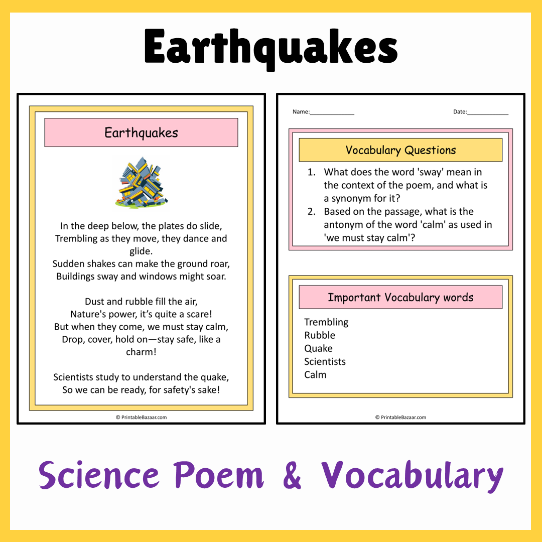 Earthquakes | Science Poem Reading Comprehension Activity