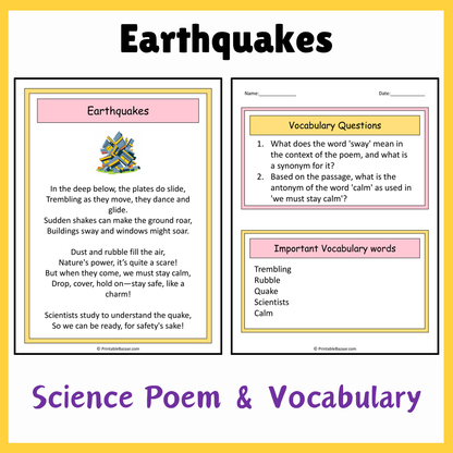 Earthquakes | Science Poem Reading Comprehension Activity