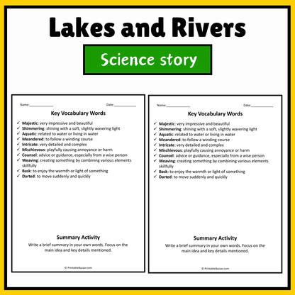 Lakes and Rivers | Science Story Reading Comprehension Activity