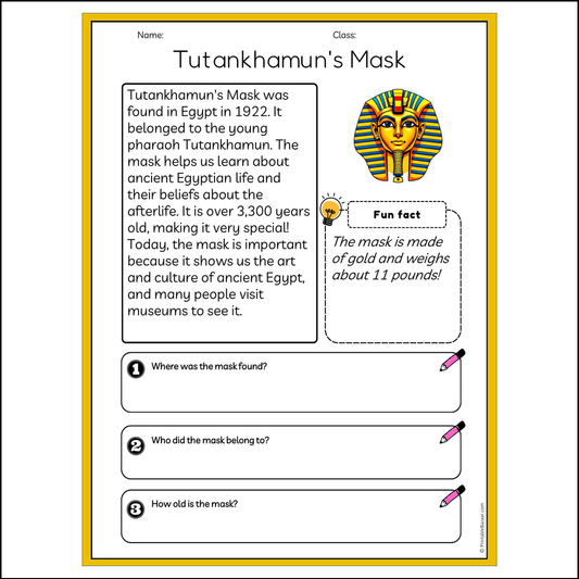 Tutankhamun's Mask | Reading Passage Comprehension Questions Writing Facts Worksheet