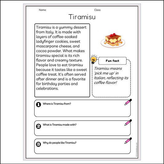 Tiramisu | Reading Passage Comprehension Questions Writing Facts Worksheet