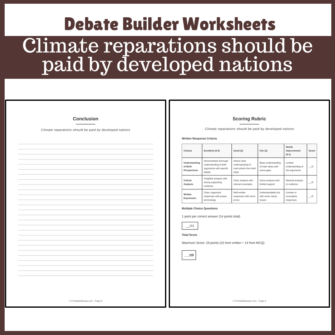 Climate reparations should be paid by developed nations | Favour and Against Worksheet Printable Activity