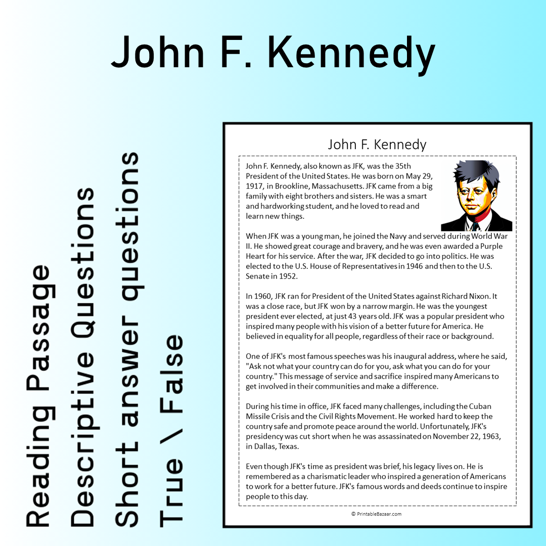 John F. Kennedy | Reading Comprehension Passage Printable Worksheet