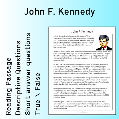 John F. Kennedy | Reading Comprehension Passage Printable Worksheet