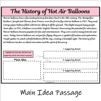 The History of Hot Air Balloons | Main Idea and Supporting Details Reading Passage and Questions