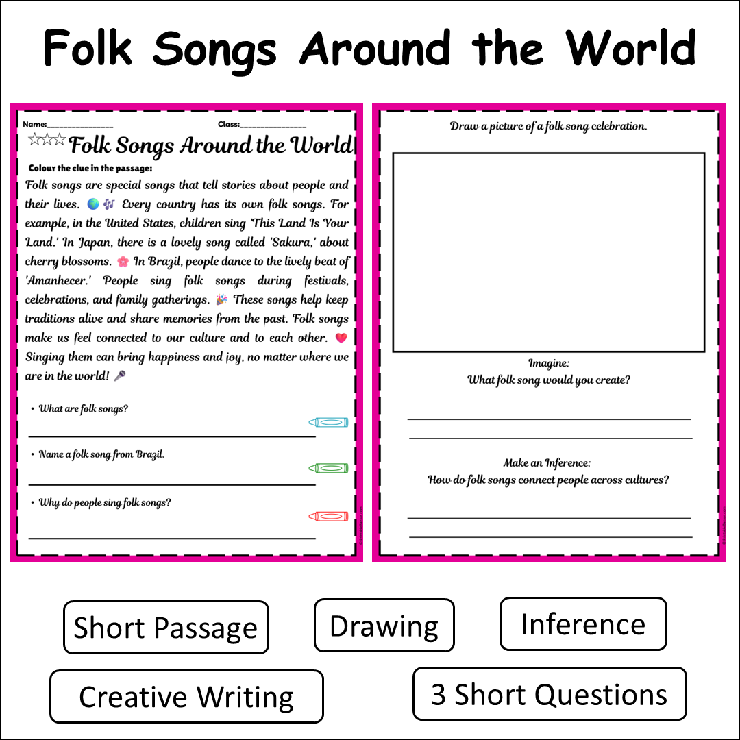 Folk Songs Around the World | Short Reading Comprehension Creative Worksheet