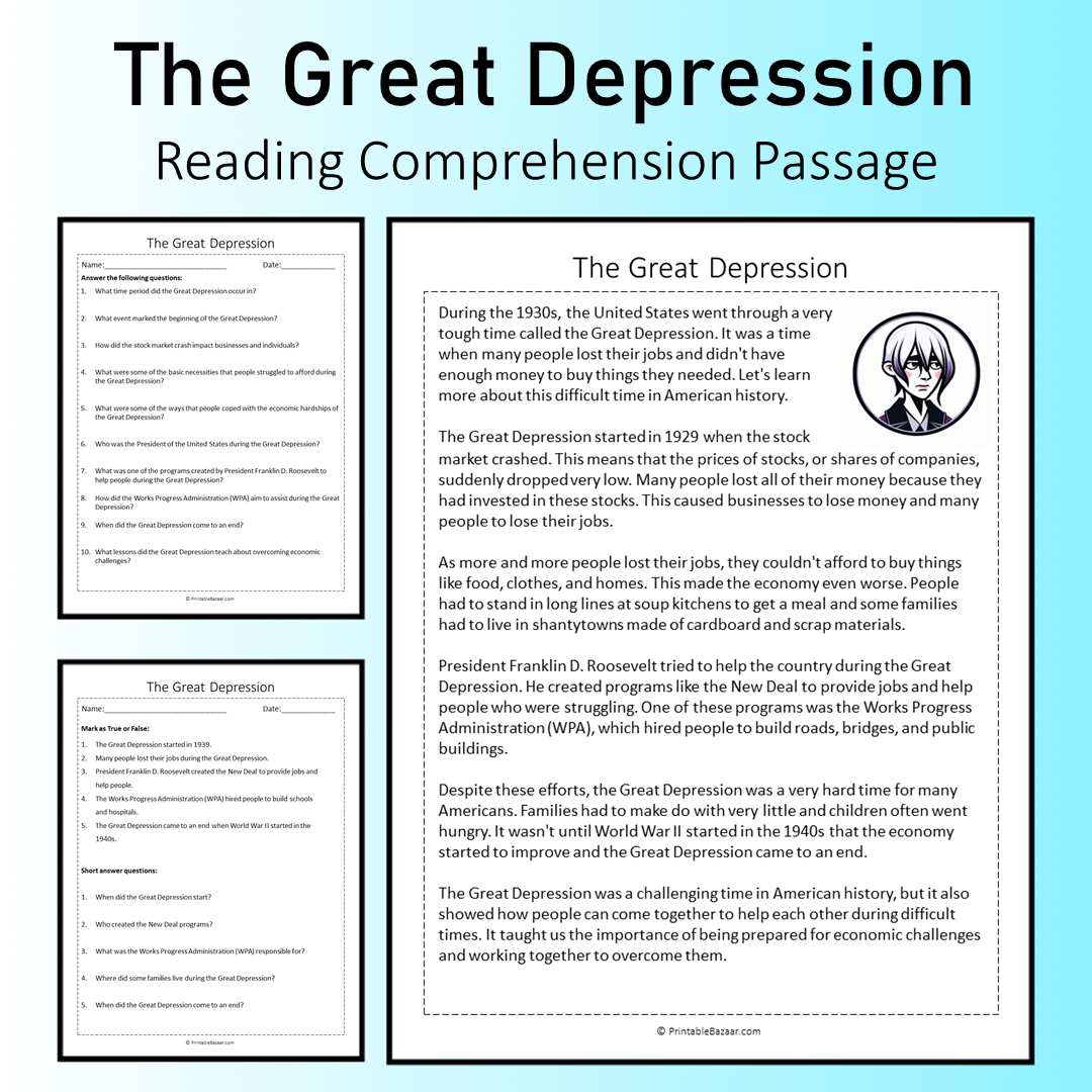 The Great Depression | Reading Comprehension Passage Printable Worksheet