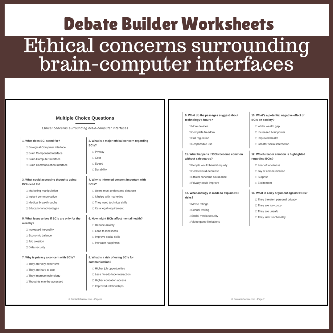 Ethical concerns surrounding brain-computer interfaces | Favour and Against Worksheet Printable Activity
