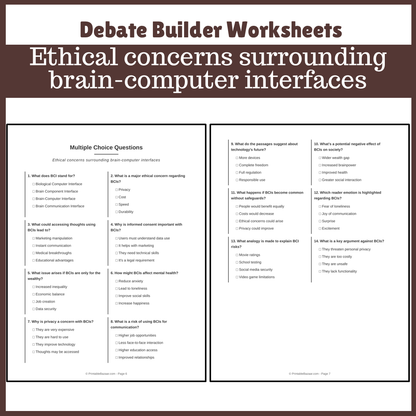 Ethical concerns surrounding brain-computer interfaces | Favour and Against Worksheet Printable Activity