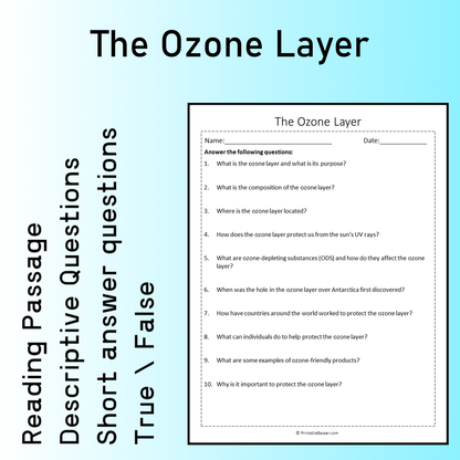 The Ozone Layer | Reading Comprehension Passage Printable Worksheet