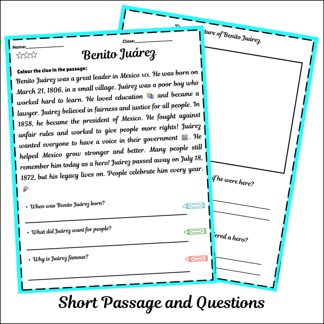 Benito Juárez | Short Reading Comprehension Creative Worksheet