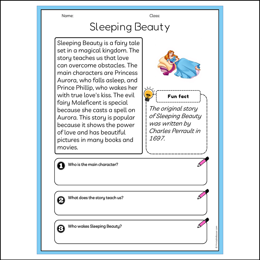 Sleeping Beauty | Reading Passage Comprehension Questions Writing Facts Worksheet