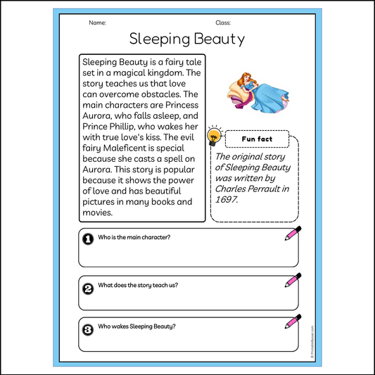 Sleeping Beauty | Reading Passage Comprehension Questions Writing Facts Worksheet