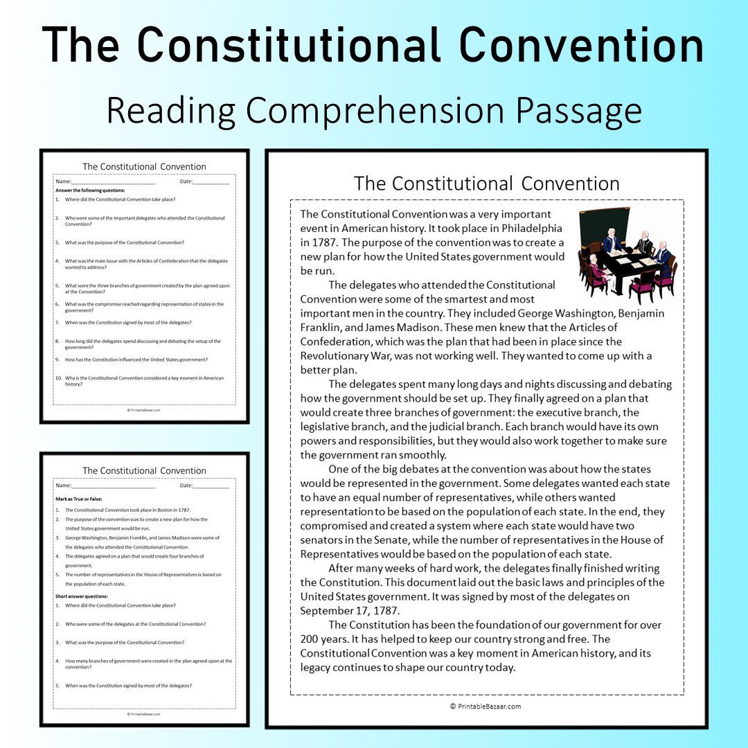 The Constitutional Convention | Reading Comprehension Passage Printable Worksheet