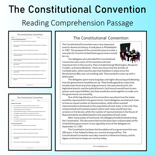 The Constitutional Convention | Reading Comprehension Passage Printable Worksheet