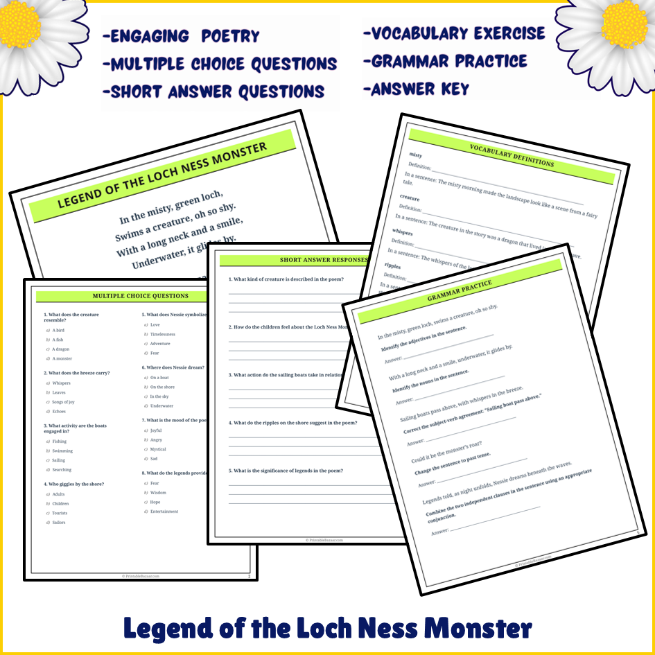 Legend of the Loch Ness Monster | Poem Grammar Worksheet Printable Activity