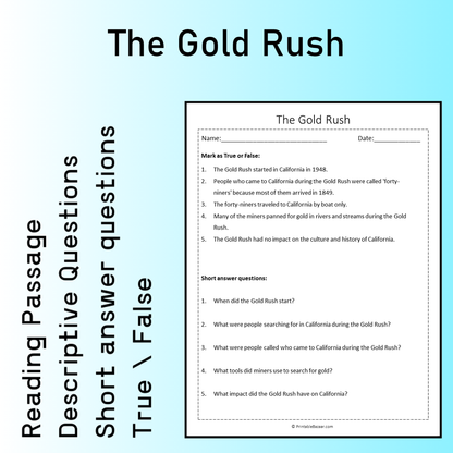 The Gold Rush | Reading Comprehension Passage Printable Worksheet