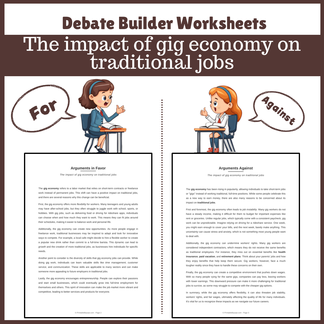 The impact of gig economy on traditional jobs | Favour and Against Worksheet Printable Activity