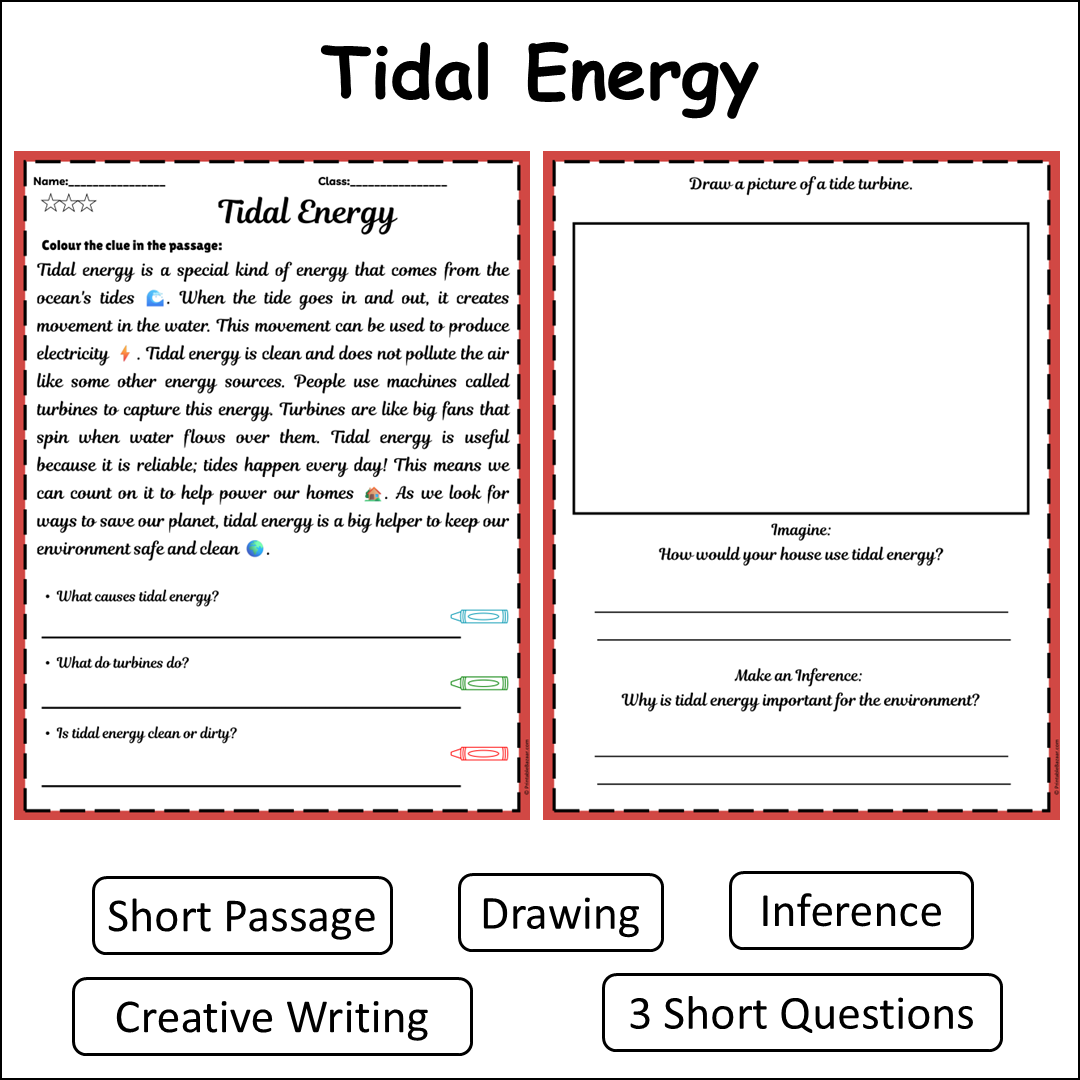 Tidal Energy | Short Reading Comprehension Creative Worksheet