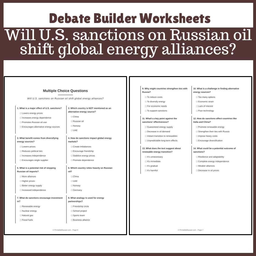 Will U.S. sanctions on Russian oil shift global energy alliances? | Favour and Against Worksheet Printable Activity