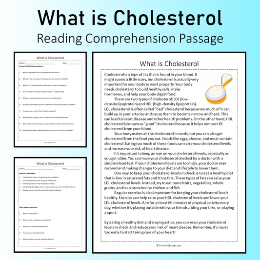 What is Cholesterol | Reading Comprehension Passage Printable Worksheet