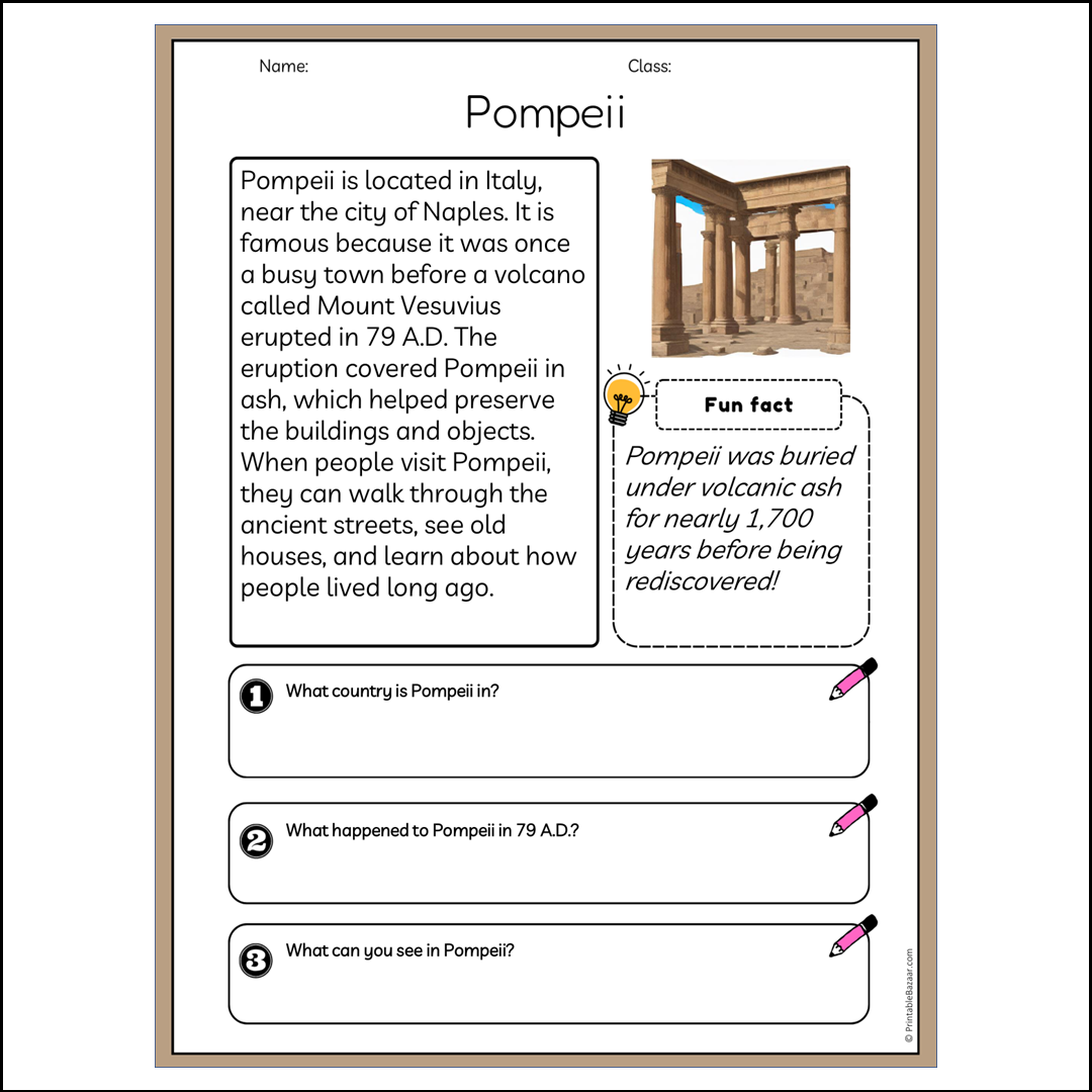 Pompeii | Reading Passage Comprehension Questions Writing Facts Worksheet