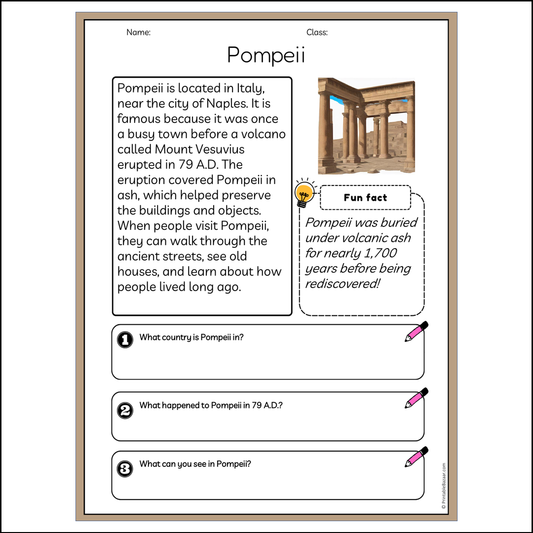 Pompeii | Reading Passage Comprehension Questions Writing Facts Worksheet