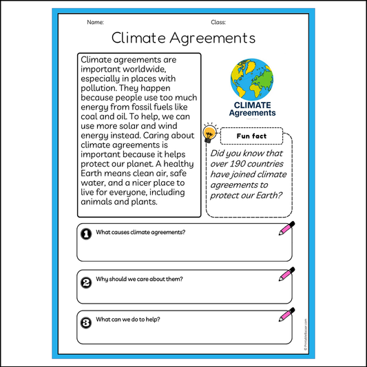 Climate Agreements | Reading Passage Comprehension Questions Writing Facts Worksheet