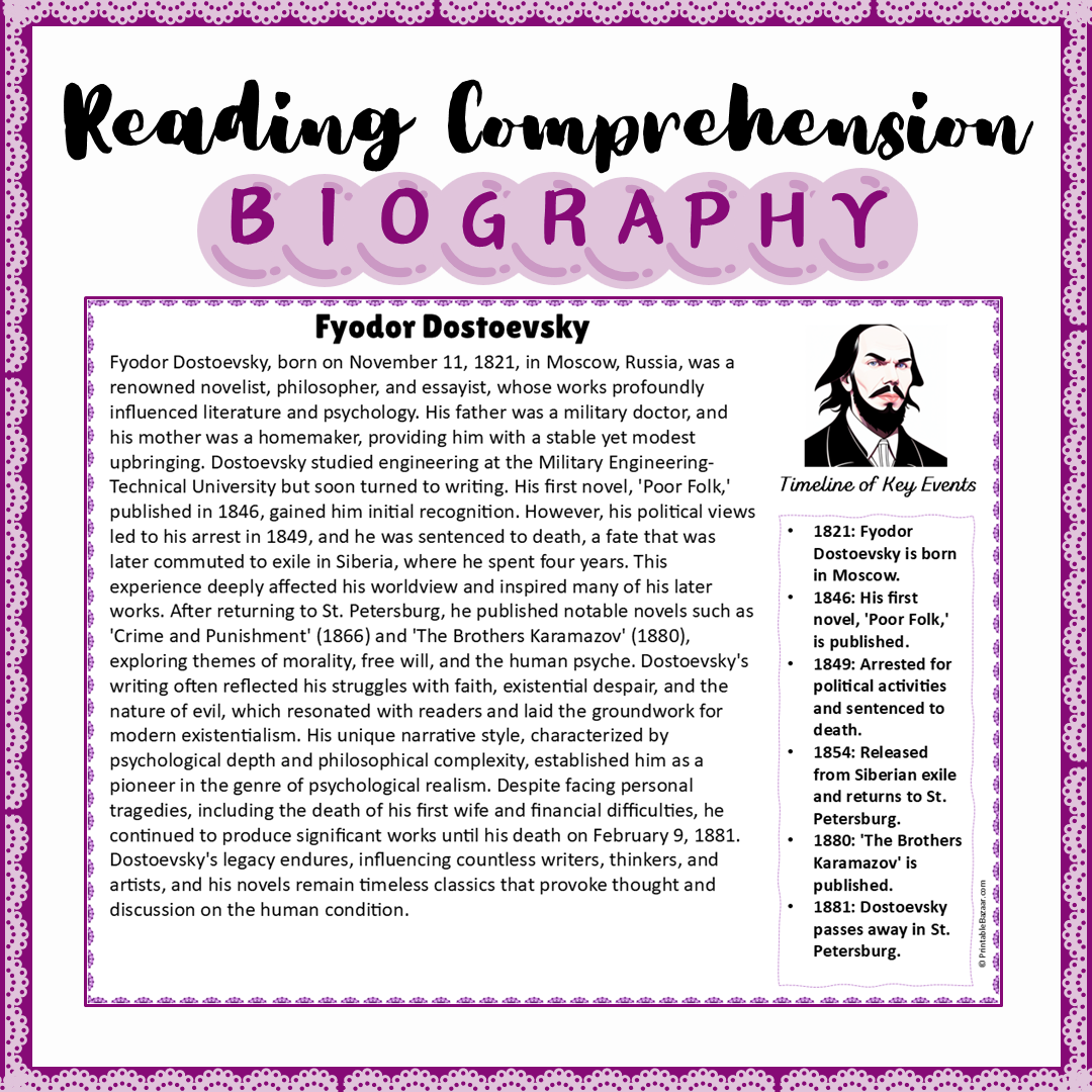 Fyodor Dostoevsky | Biography Reading Comprehension and Questions Worksheet