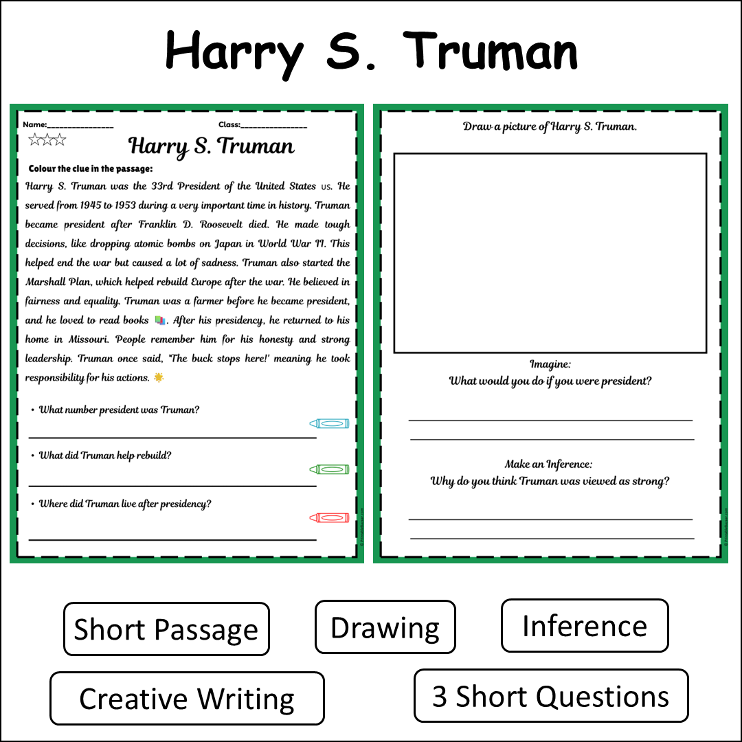 Harry S. Truman | Short Reading Comprehension Creative Worksheet
