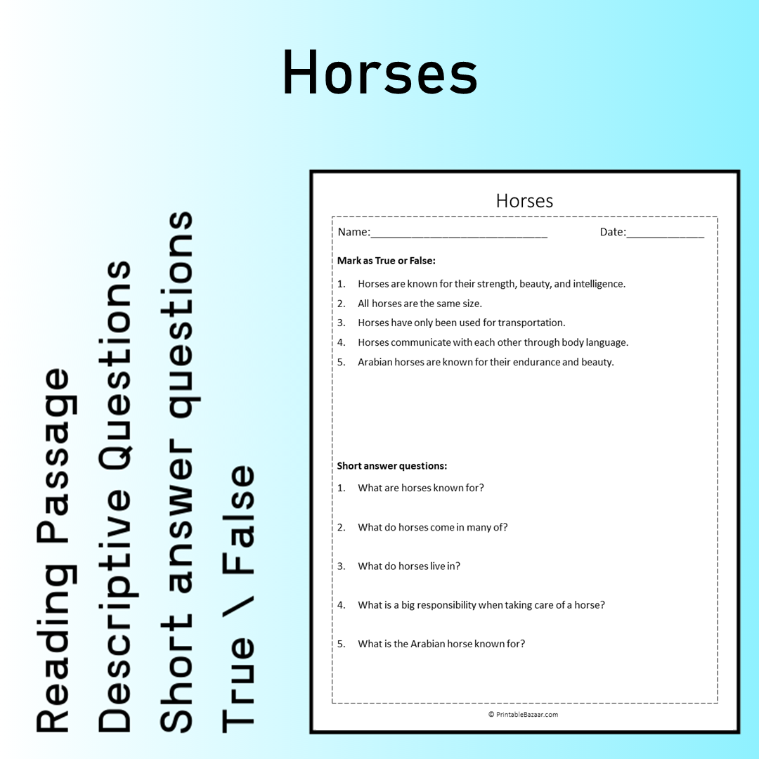 Horses | Reading Comprehension Passage Printable Worksheet