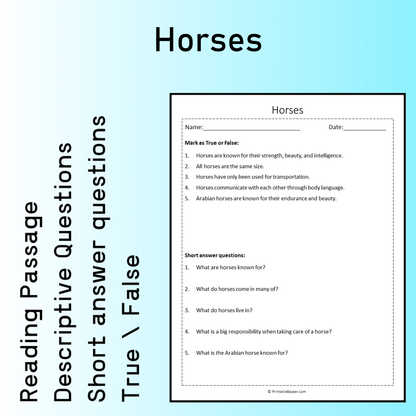Horses | Reading Comprehension Passage Printable Worksheet