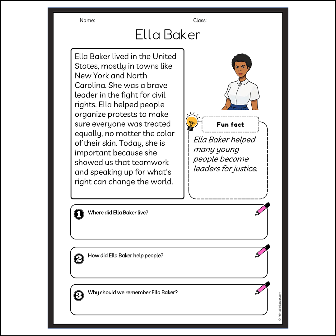 Ella Baker | Reading Passage Comprehension Questions Writing Facts Worksheet