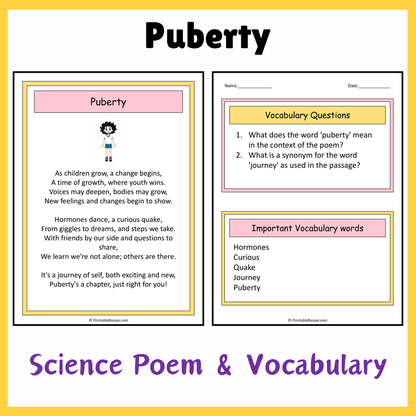 Puberty | Science Poem Reading Comprehension Activity