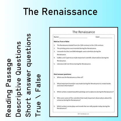 The Renaissance | Reading Comprehension Passage Printable Worksheet